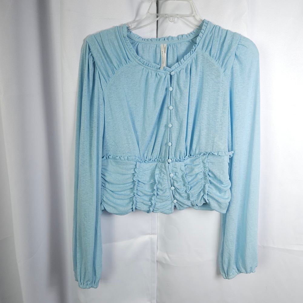 Anthropologie‎ Femme Ruched Crop Top Long Sleeve Women L Blue